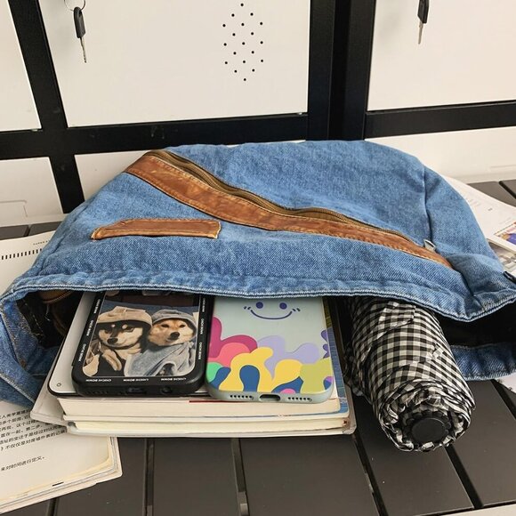 Denim Purse for Women Men Tote Bag with Zipper Crossbody Blue Jean Purses Canvas - Picture 9 of 9